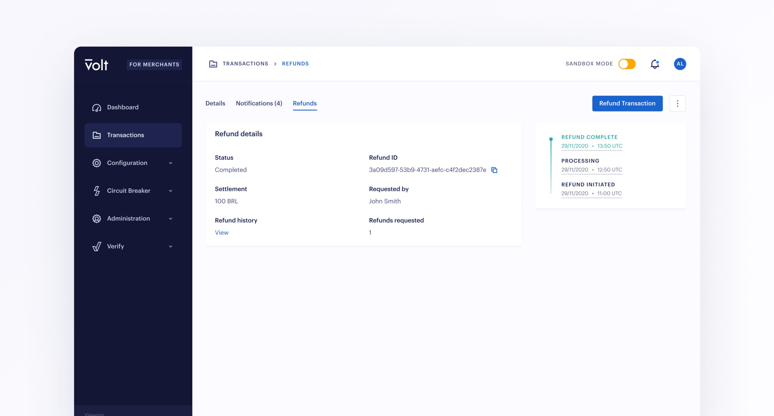 Example of an open banking refund