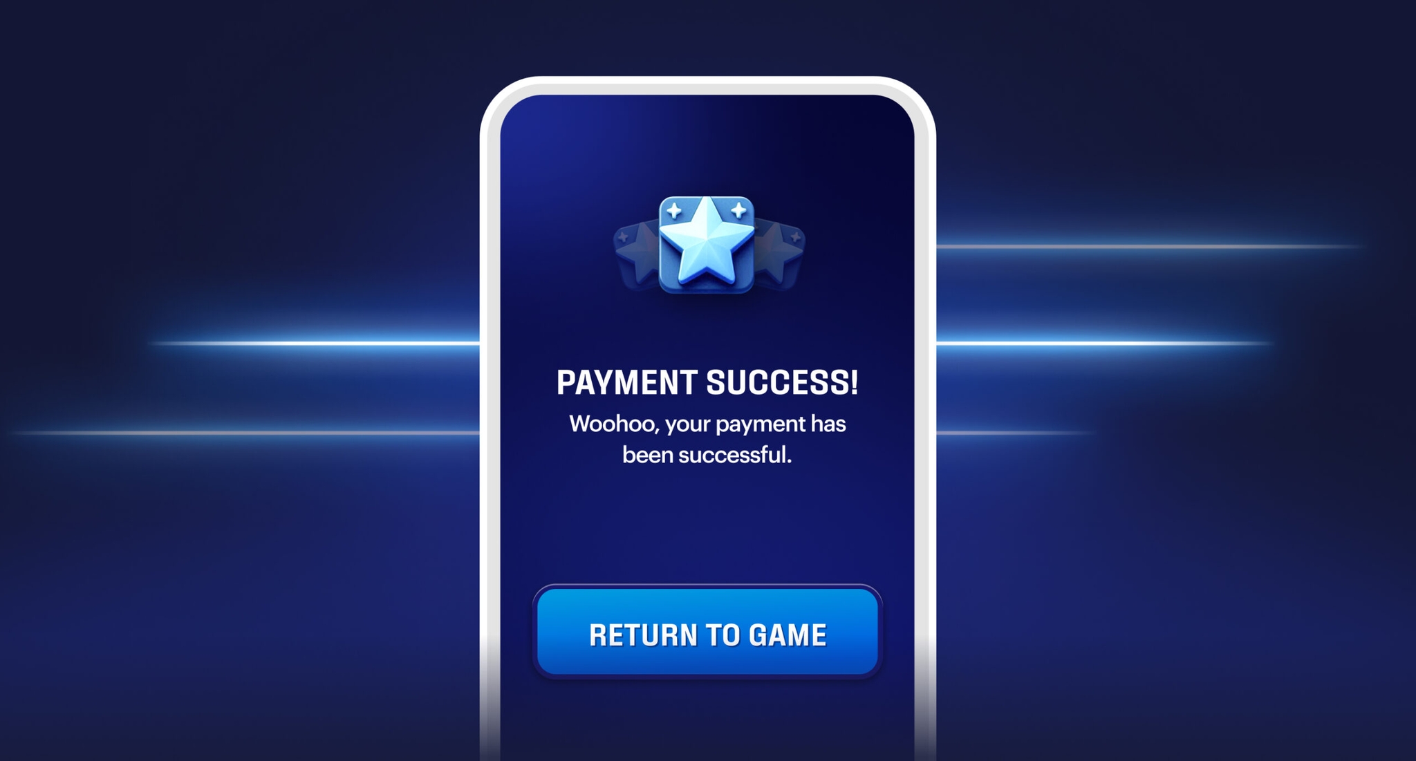 A 'payment success' screen on a mobile app game
