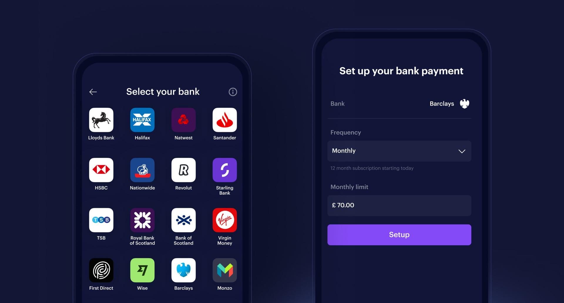 A banking app setting up a recurring payment